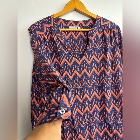 Ellie Kai 100% Silk Sz 10 Zigzag Pattern Boho Long Sleeve Top blouse Orange/Blue - Picture 3 of 9